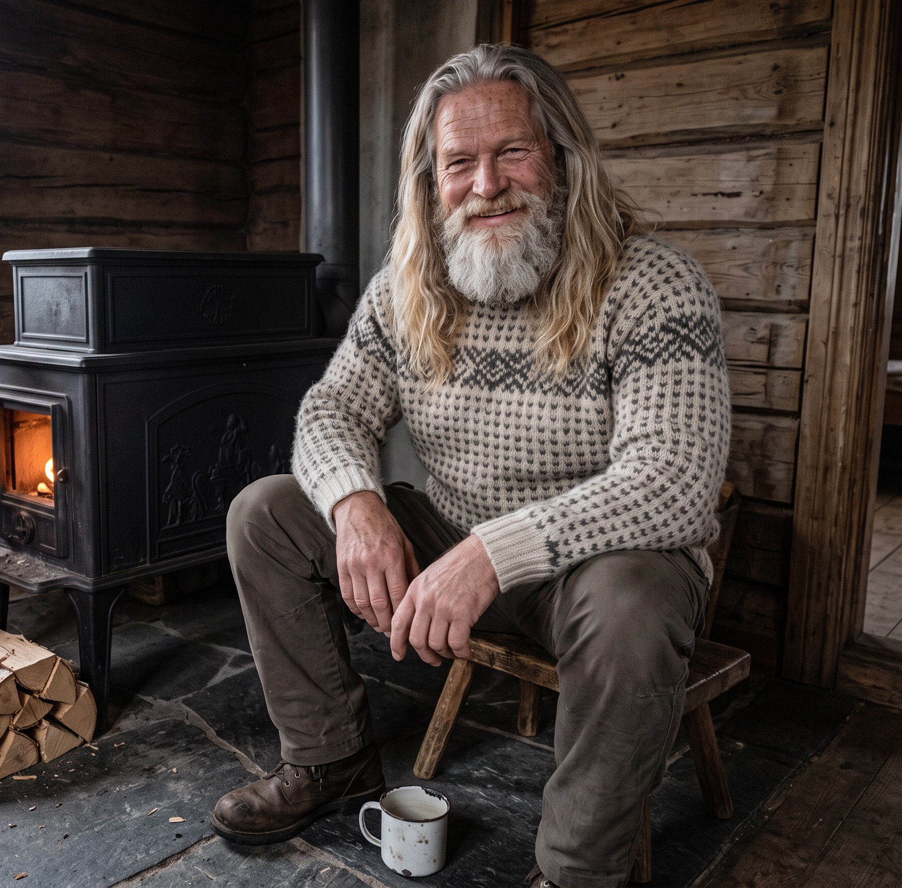 Thor Fjellheim beside his wood stove with split birch